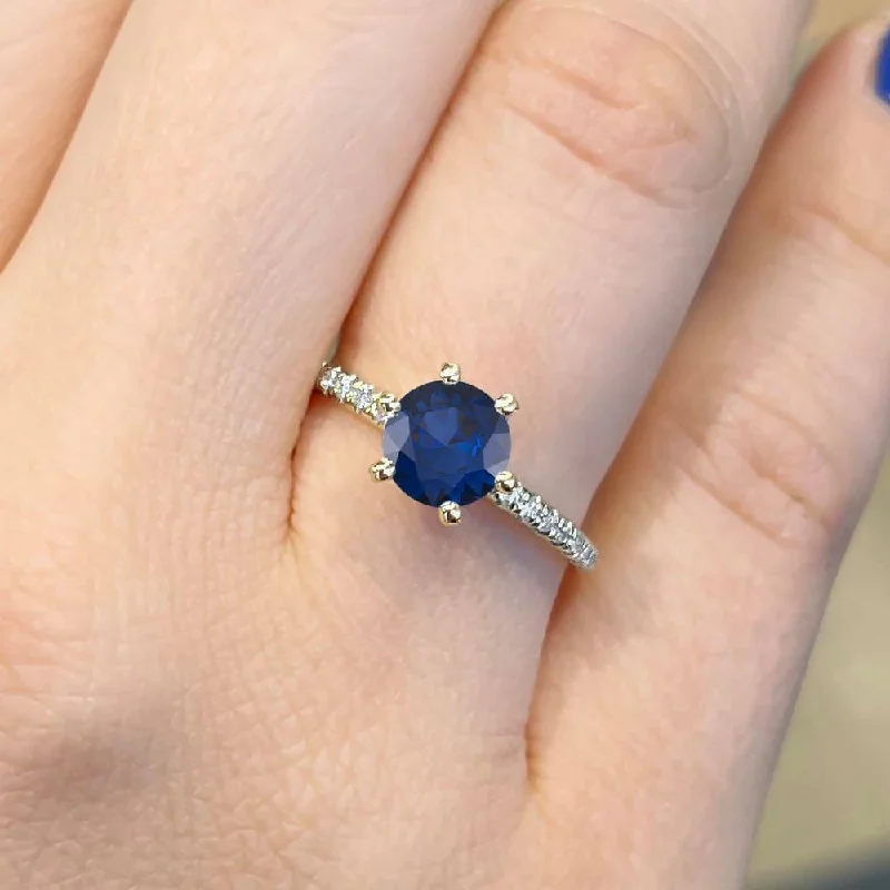 carved rings for men-1.60 Carat Round Shape Pave Setting Blue Sapphire Engagement Ring