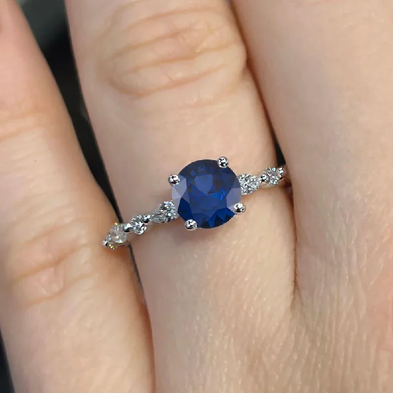 personalized silver rings-1.60 Carat Round Shape Shared Prong Blue Sapphire Engagement Ring