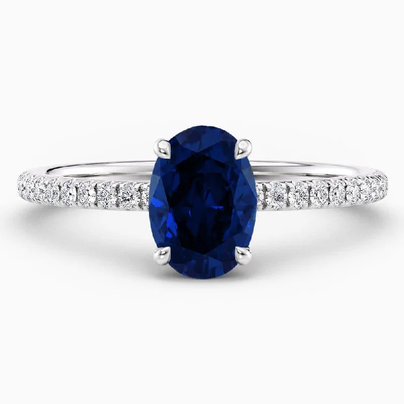 square-cut rings for women-1.80 Carat Oval Shape Hidden Halo Blue Sapphire Engagement Ring