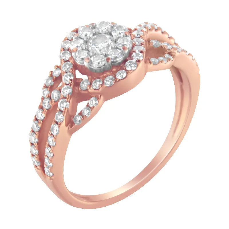 custom wedding bands-10K Rose Gold 3/4 Cttw Diamond Floral Cluster Head and Twisted Shank Cocktail  Ring-