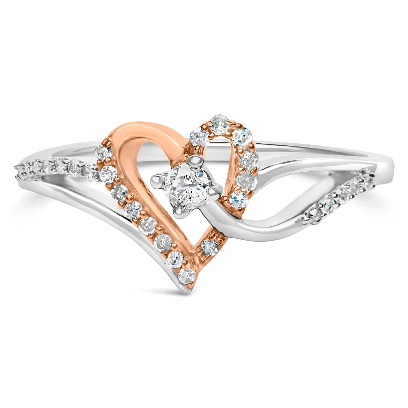 rings for bridesmaids-10K Rose Gold Plated .925 Sterling Silver 1/5 Cttw Diamond Two Tone Open Heart Promise or Fashion Ring