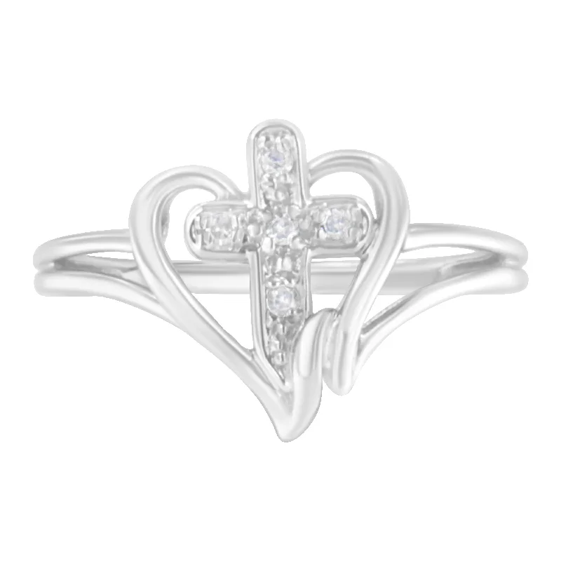 affordable diamond rings-10K White Gold Diamond-Accented Cross & Open Heart Promise Fashion Ring