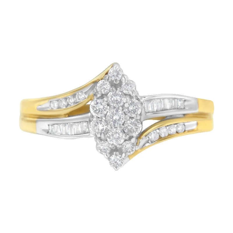 stacking rings for women-10K Yellow and White Gold 1/2 Cttw Diamond Marquise Shaped Cluster Split Shank Ring