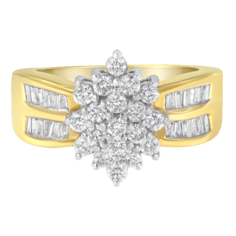 men’s signet rings-10K Yellow Gold 1.0 Cttw Round & Baguette Cut Diamond Floral Cluster Double-Channel Flared Band Statement Ring