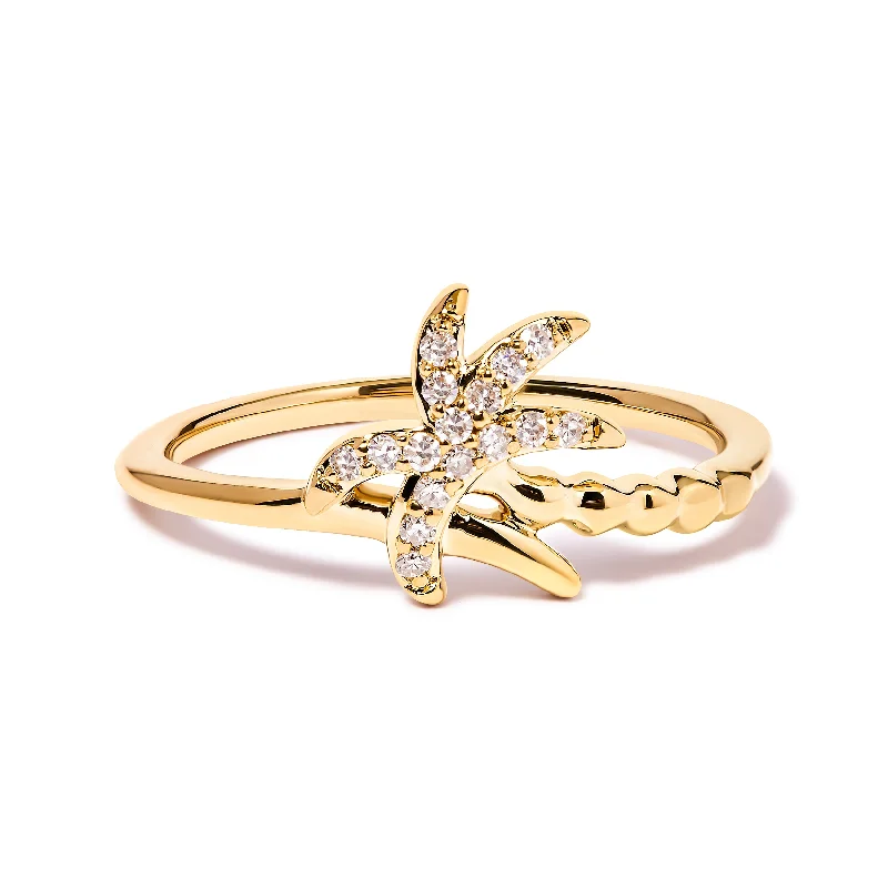 women’s cocktail rings-10K Yellow Gold 1/10 Cttw Diamond  Palm Tree Statement Ring