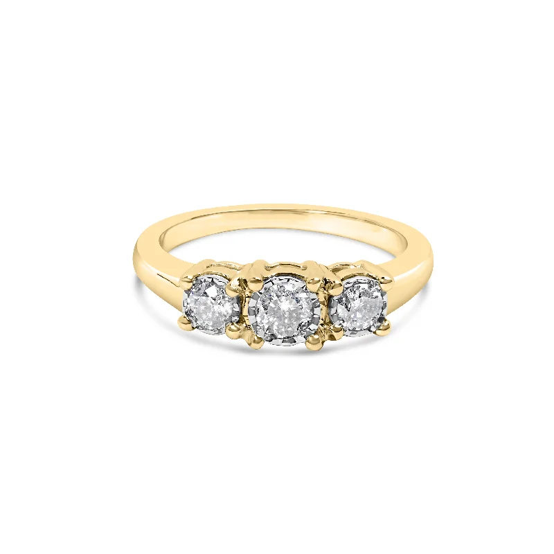 men’s gold rings-10K Yellow Gold 1/2 Cttw Miracle Set Round Diamond Three Stone Illusion Plate Ring