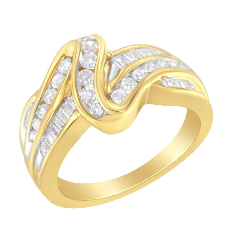 925 sterling silver rings-10K Yellow Gold 3/4 Cttw Channel Set Round and Baguette-cut Diamond Double Shank Bypass Ring