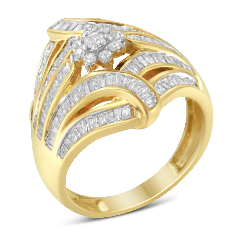 fashion rings for men-10K Yellow Gold Flashed .925 Sterling Silver 1-1/8 Cttw Round & Baguette Diamond 'Flower & Fern' Cluster Cocktail Fashion Ring