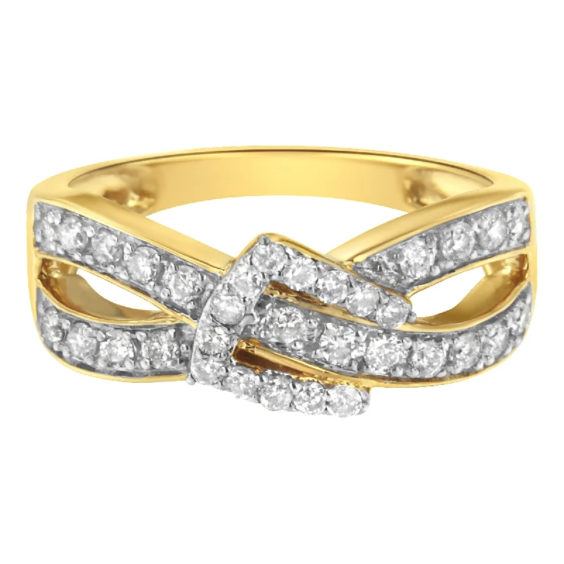 engagement rings with side stones-10K Yellow Gold Plated .925 Sterling Silver 1/2 cttw Round-Cut Diamond "Belt Buckle" Crossover Ring