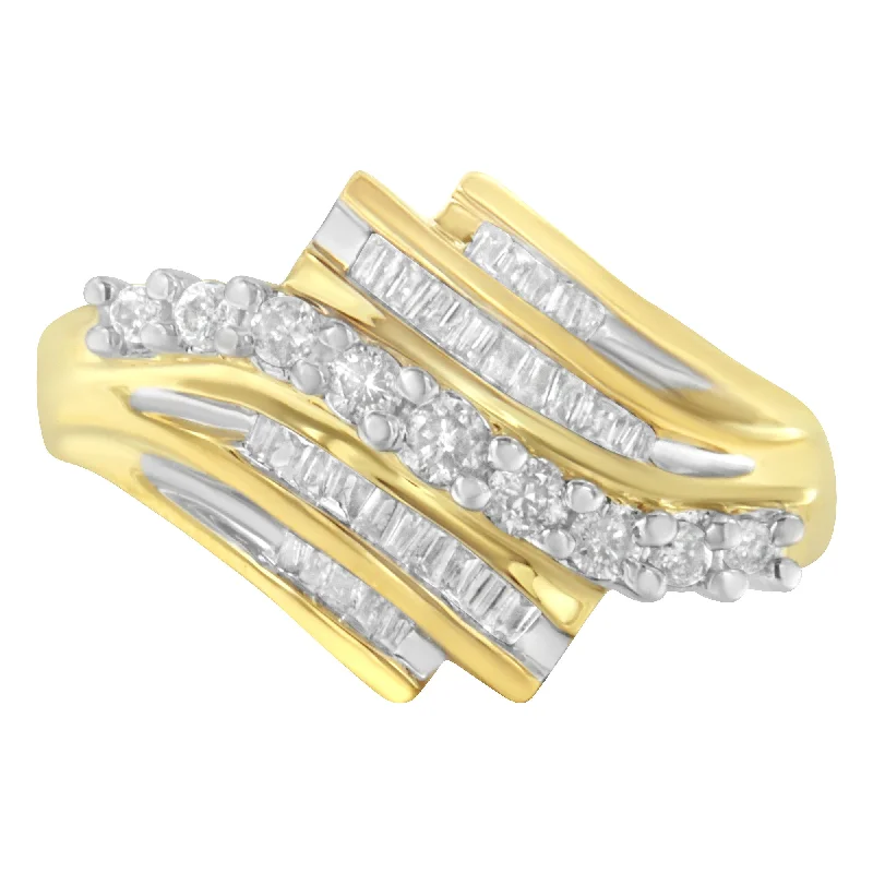 sterling silver rings for women-10K Yellow Gold Round and Baguette Diamond-Cut Ring