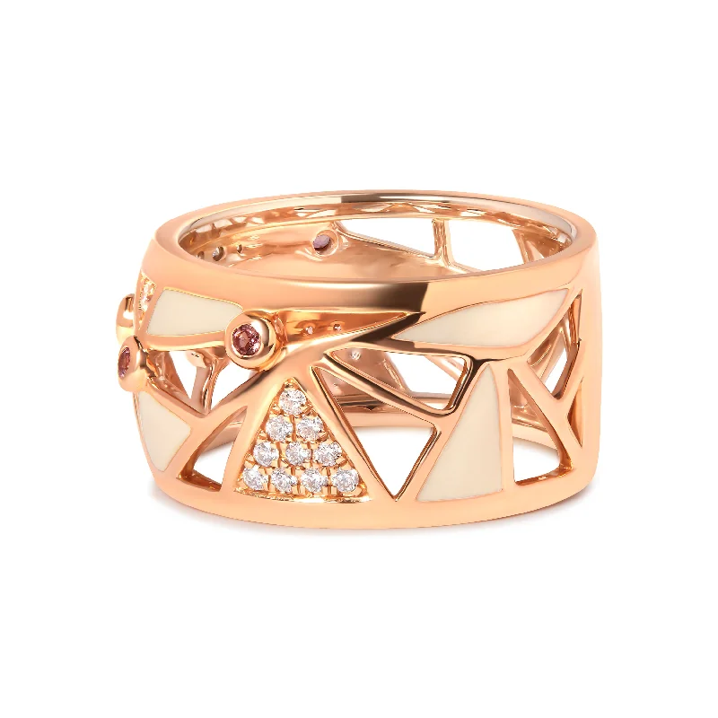 men’s rings with diamonds-14K Rose Gold 1/3 Cttw Diamond and Pink Tourmaline Cigar Band Ring with White Enamel