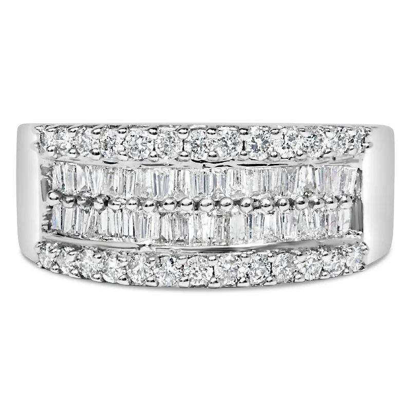 stacking rings for women-14K White Gold 1.0 Cttw 4 Row Round Baguette Diamond Band Ring