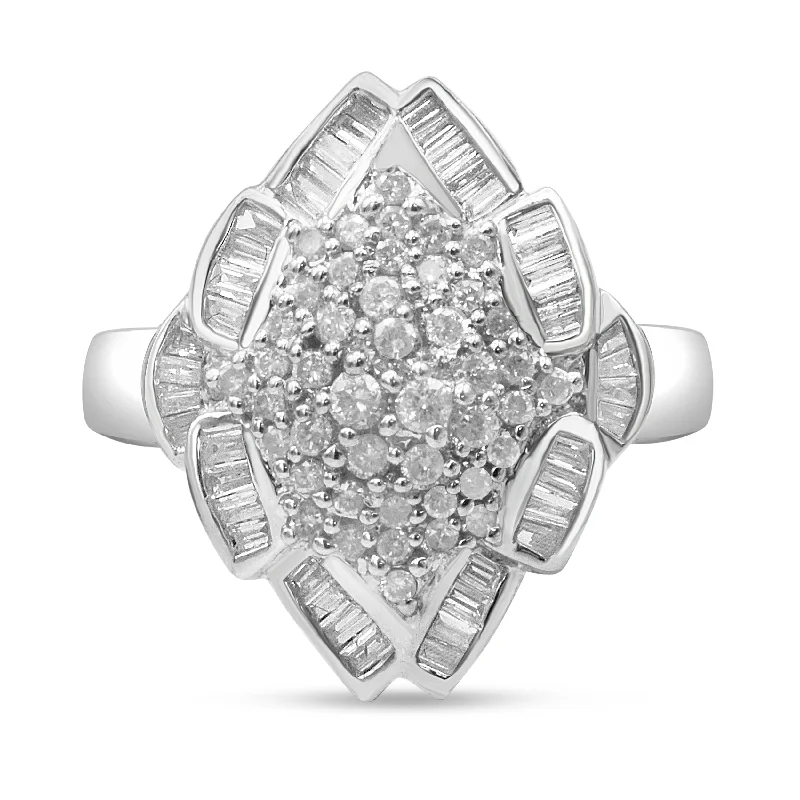 men’s wedding rings with diamonds-14K White Gold 7/8 Cttw Round and Baguette-Cut Diamond Cluster Ring