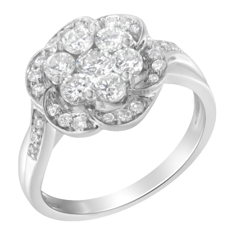 vintage silver rings for women-14K White Gold Floral Cluster Diamond Ring