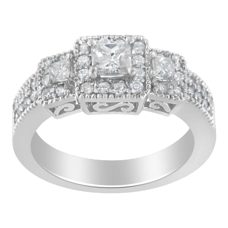 unique engagement rings-14K White Gold Round and Princess-Cut Diamond Three Stone Ring