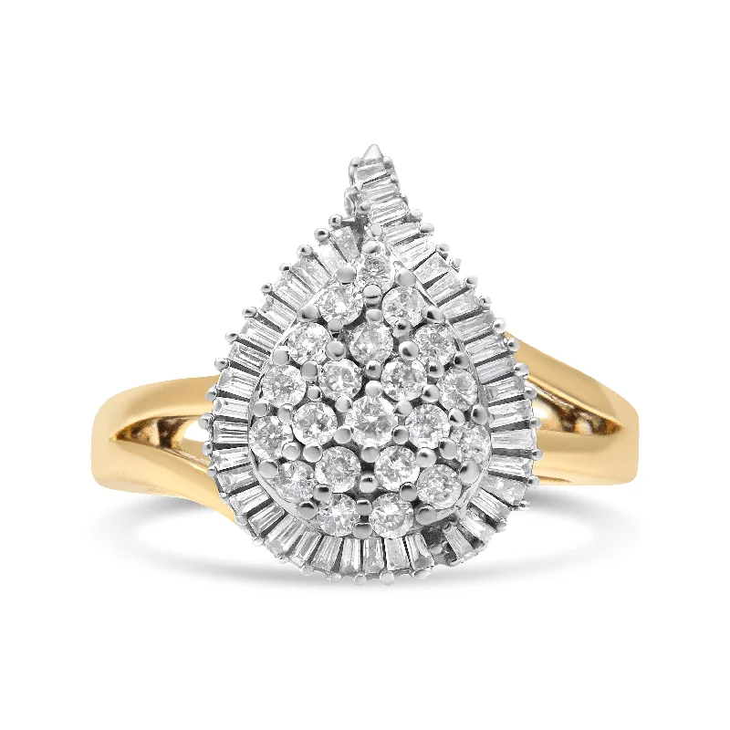 solitaire engagement rings-14K Yellow and White Gold 1.00 Cttw Round and Baguette-Cut Diamond Ballerina Cocktail Ring