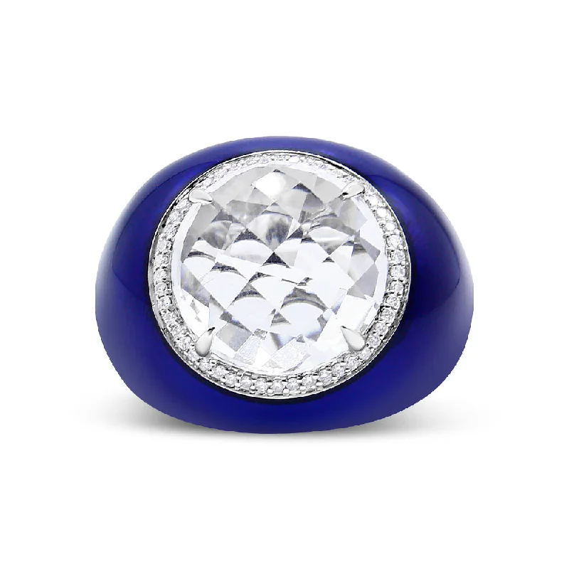 personalized rings for women-18K White Gold 14mm White Quartz and 1/5 Cttw Diamond Halo with Blue Enamel Dome Ring