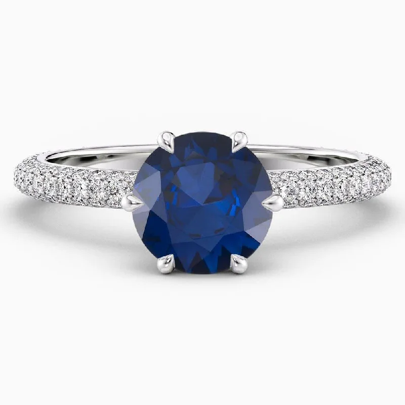 wedding rings for short fingers-2.30 Carat Round Shape Pave Setting Blue Sapphire Engagement Ring