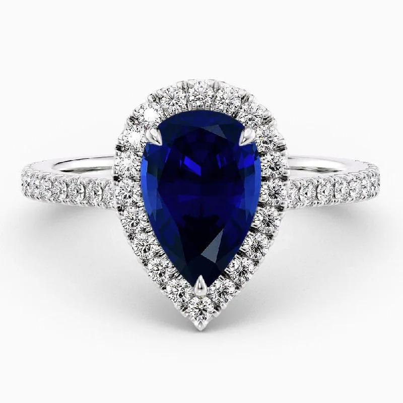 vintage style wedding rings-2.50 Carat Pear Shape Halo Blue Sapphire Engagement Ring