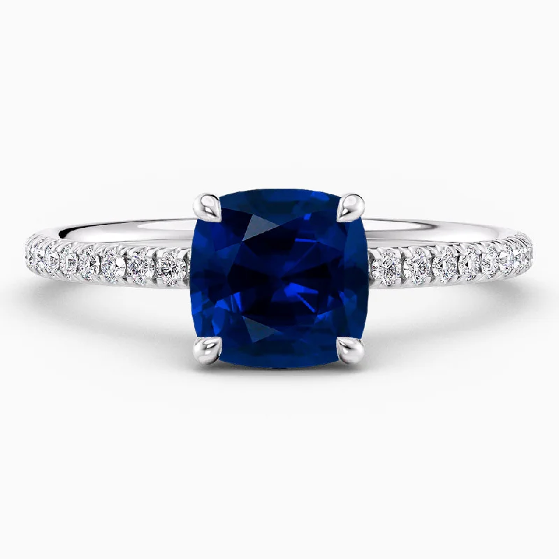 sapphire engagement rings-4.50 Carat Cushion Cut Hidden Halo Blue Sapphire Engagement Ring and Matching Band