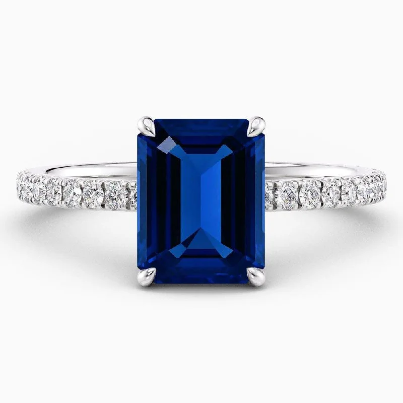 men’s engagement rings with gemstones-4.50 Carat Emerald Shape Hidden Halo Blue Sapphire Engagement Ring