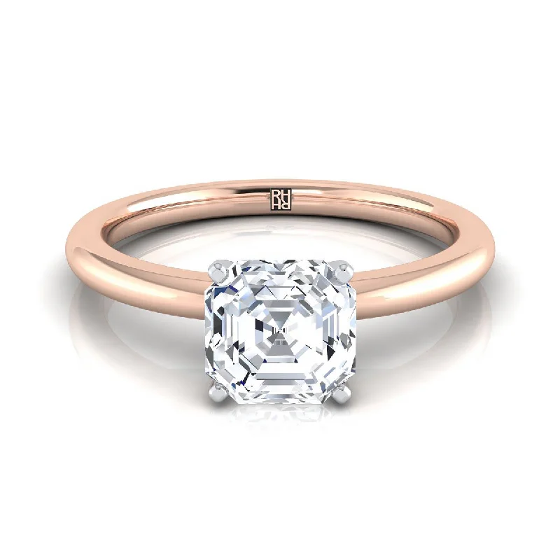 wedding bands with emeralds-14K Rose Gold Asscher Cut  Round Comfort Fit Claw Prong Solitaire Engagement Ring