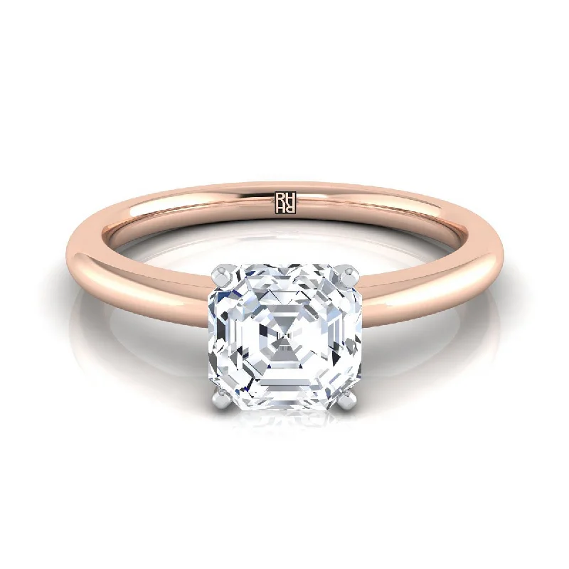 wedding rings for plus size hands-14K Rose Gold Asscher Cut  Round Comfort Fit Claw Prong Solitaire Engagement Ring