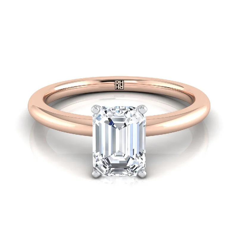 simple gold rings for men-14K Rose Gold Emerald Cut  Round Comfort Fit Claw Prong Solitaire Engagement Ring