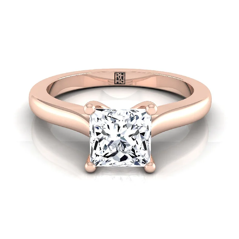 men’s signet rings-14K Rose Gold Princess Cut Comfort Fit Cathedral Solitaire Diamond Engagement Ring