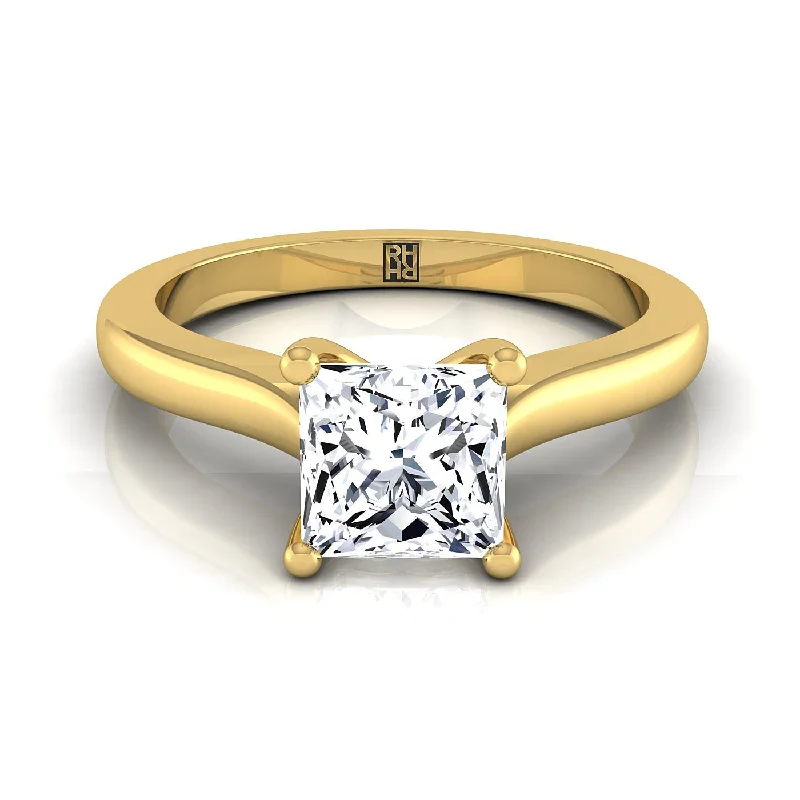 double band rings for women-18K Yellow Gold Princess Cut Comfort Fit Cathedral Solitaire Diamond Engagement Ring