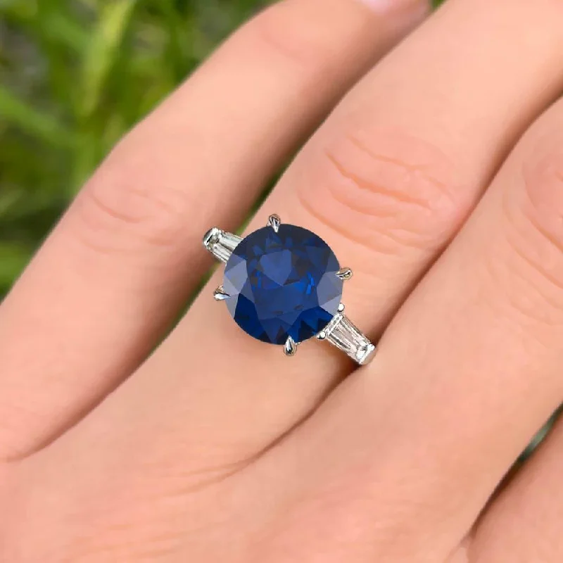 mixed metal rings for men-5.60 Carat Round Shape Three Stone Blue Sapphire Engagement Ring