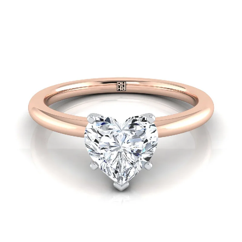 affordable wedding bands-14K Rose Gold Heart Shape Center  Round Comfort Fit Claw Prong Solitaire Engagement Ring