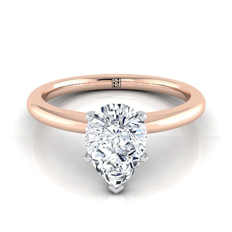 women’s diamond solitaire rings-14K Rose Gold Pear Shape Center  Round Comfort Fit Claw Prong Solitaire Engagement Ring