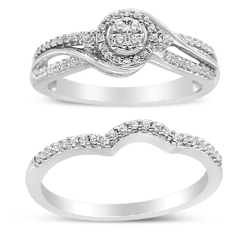 heart-shaped rings for women-.925 Sterling Silver 1/3 Cttw Composite Diamond Frame Bypass Bridal Set Ring and Band