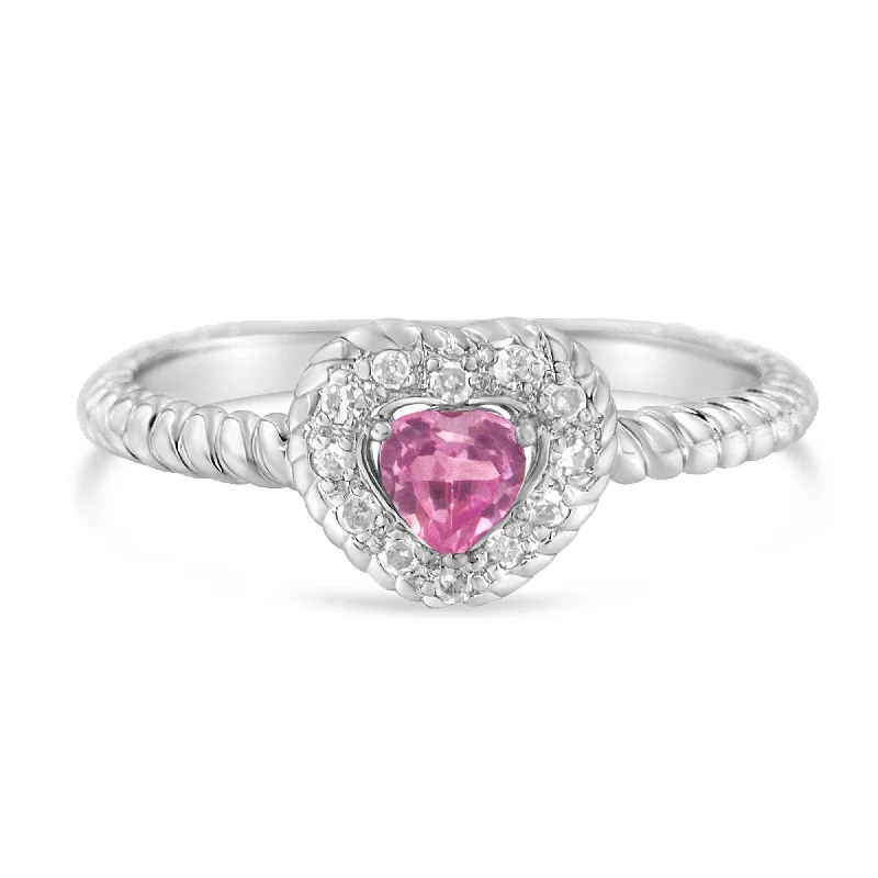 rose gold engagement rings-.925 Sterling Silver 4MM Pink Sapphire Heart and Diamond Accent Heart Ring