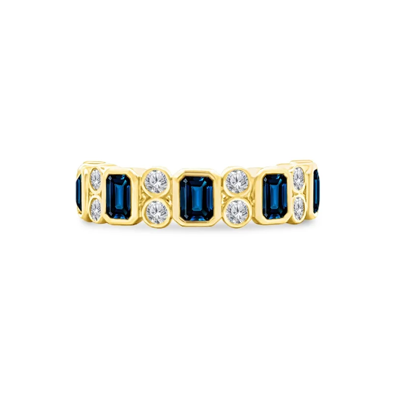 statement rings for women-Alternating Emerald Cut Blue Sapphire & Double Diamond Bezel Band