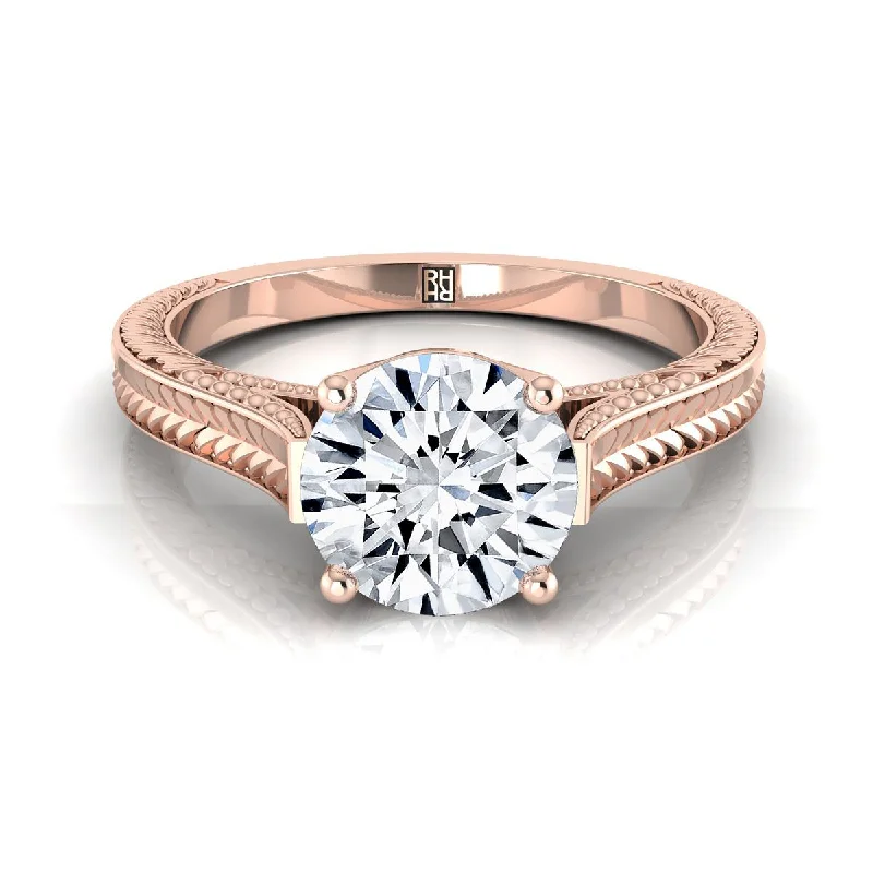 luxury rings with diamonds-14K Rose Gold Round Brilliant  Hand Engraved Vintage Cathedral Style Solitaire Engagement Ring