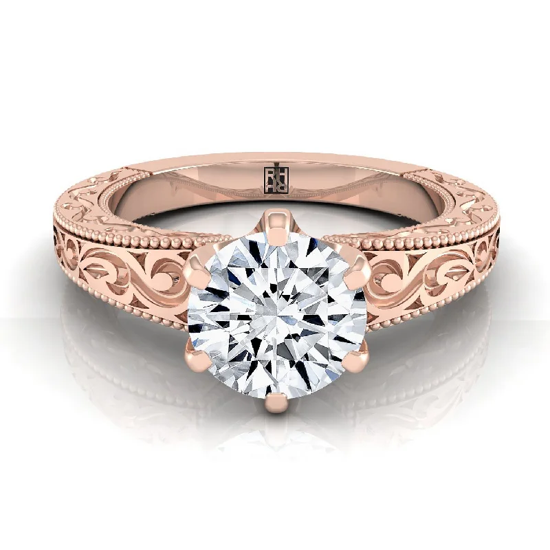 men’s wedding bands with diamonds-14K Rose Gold Round Brilliant Hand Engraved Scroll Vintage Solitaire Engagement Ring