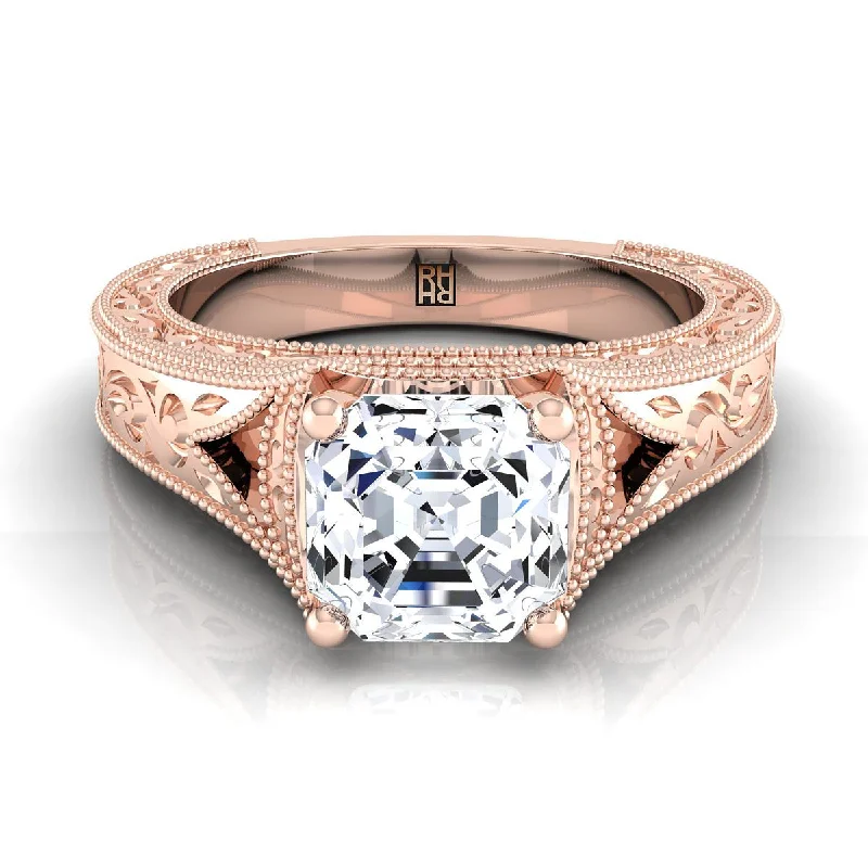 carved rings for men-14K Rose Gold Asscher Cut  Hand Engraved and Milgrain Vintage Solitaire Engagement Ring