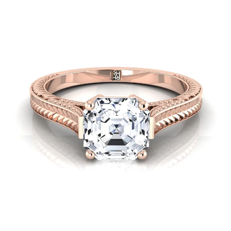 statement rings for men-14K Rose Gold Asscher Cut  Hand Engraved Vintage Cathedral Style Solitaire Engagement Ring