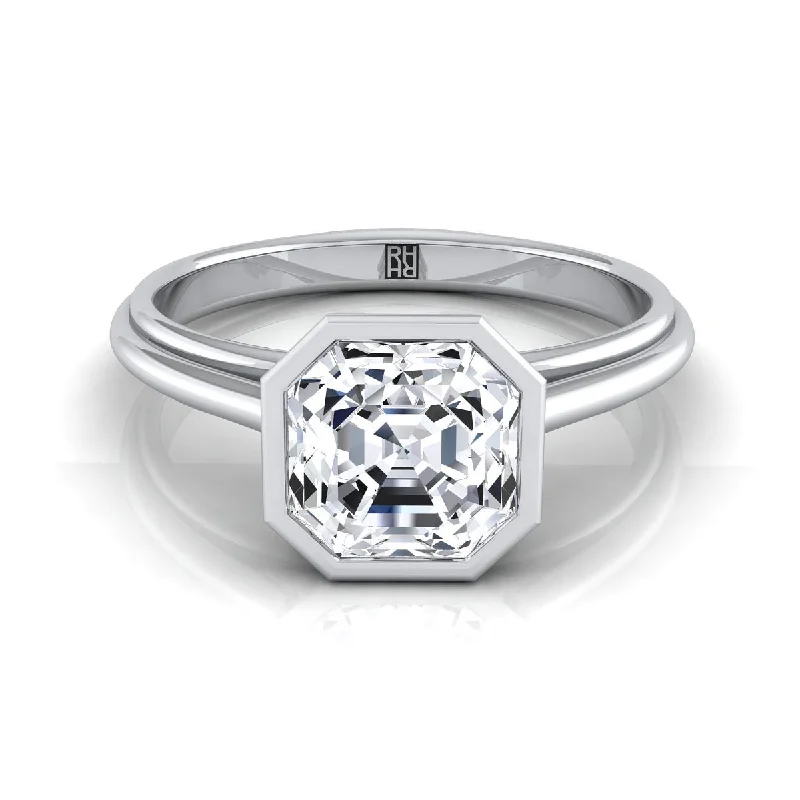 promise rings for couples-14K White Gold Asscher Cut  Bezel Halo Cathedral Solitaire Engagement Ring