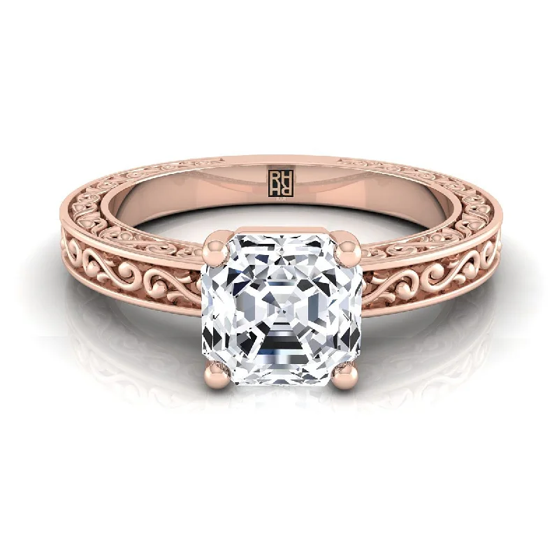 round sapphire rings-14K Rose Gold Asscher Cut Hand Engraved Scroll Vintage Solitaire Engagement Ring