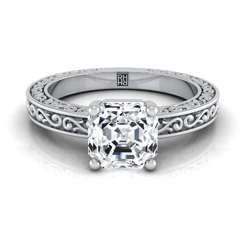 men’s titanium wedding bands-14K White Gold Asscher Cut Hand Engraved Scroll Vintage Solitaire Engagement Ring