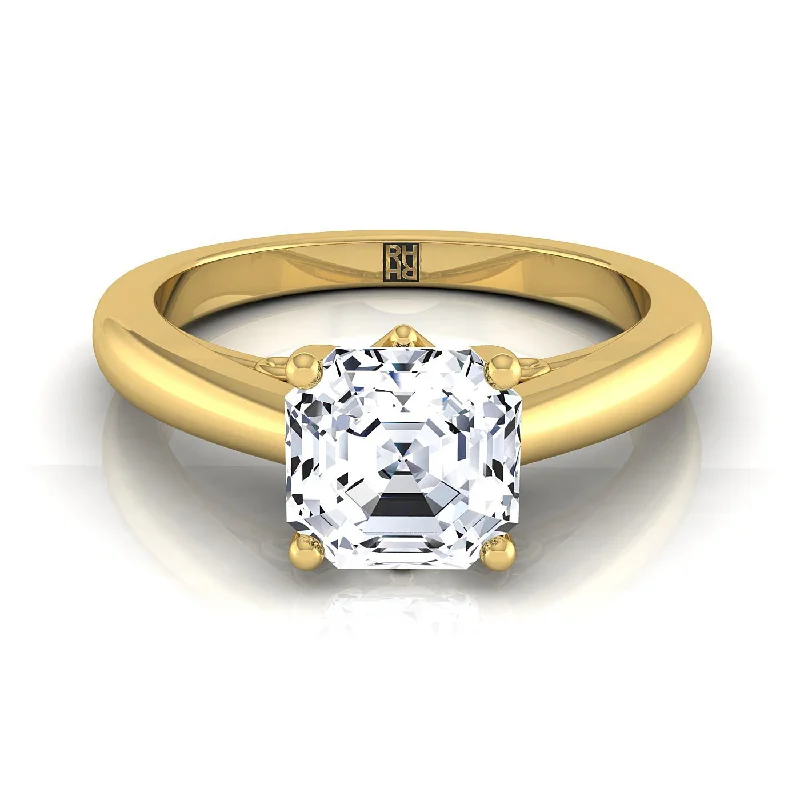 women’s wedding rings with sapphires-18K Yellow Gold Asscher Cut Scroll Gallery Comfort Fit Solitaire Engagement Ring