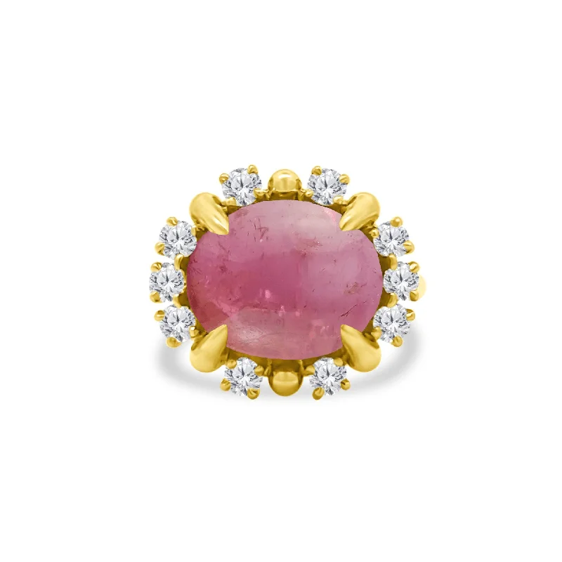 engagement rings for men-Cabochon Pink Tourmaline & Diamond Halo Ring