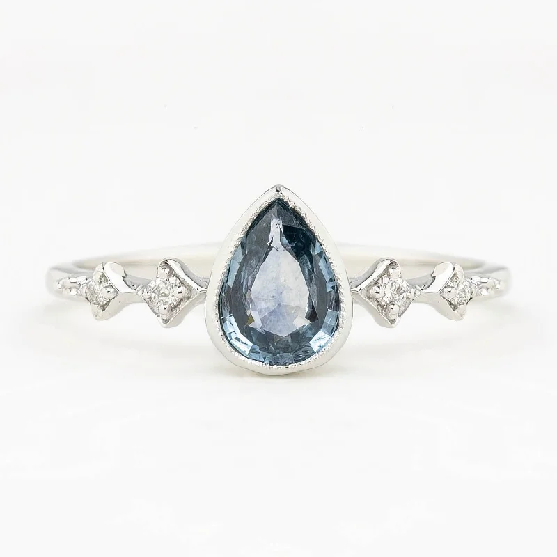 diamond anniversary rings-Celeste Ring 0.62ct Light Blue Green Montana Pear Sapphire, 14k White Gold (One of a kind)