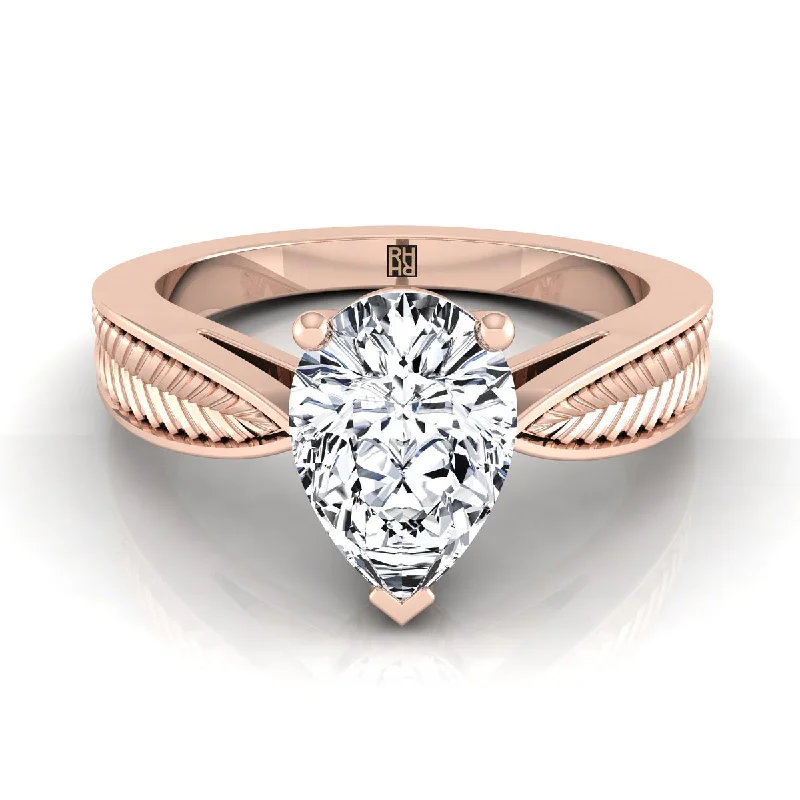 diamond wedding rings-14K Rose Gold Pear Shape Center Vintage Inspired Leaf Pattern Pinched Solitaire Engagement Ring