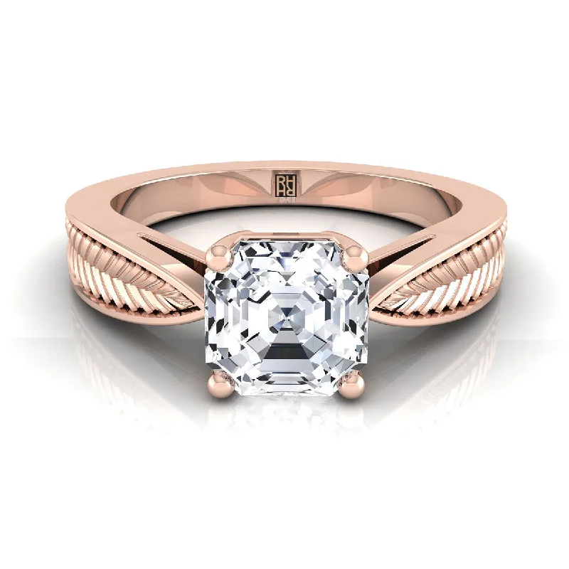 silver rings for men-14K Rose Gold Asscher Cut Vintage Inspired Leaf Pattern Pinched Solitaire Engagement Ring