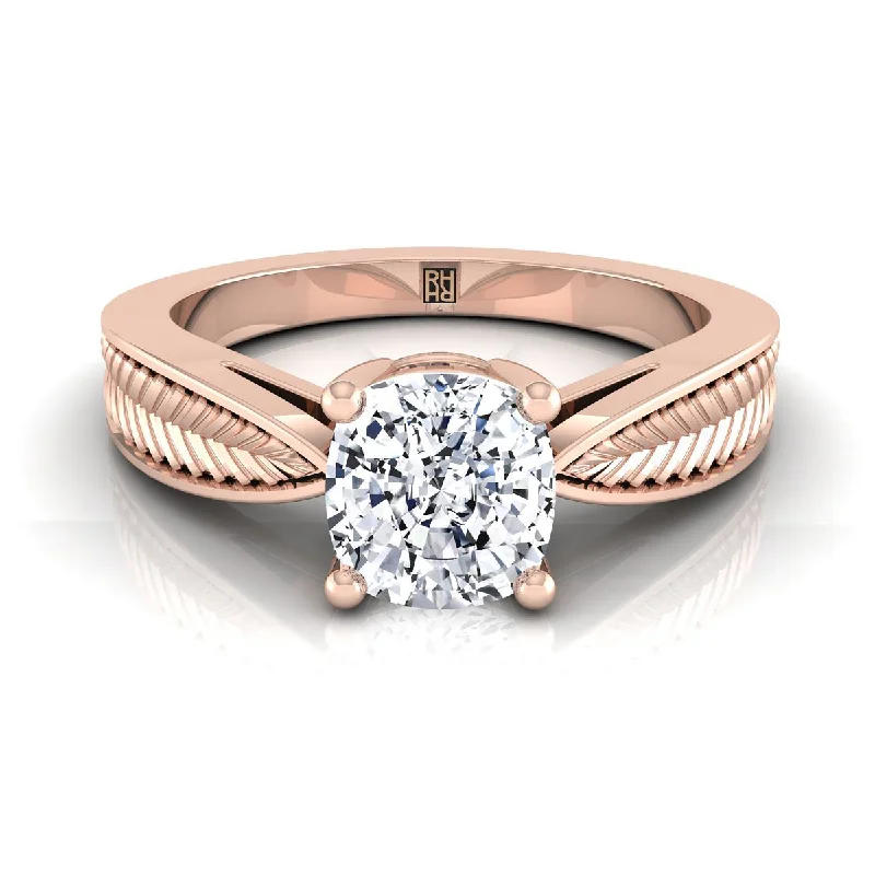 best men’s wedding rings-14K Rose Gold Cushion Vintage Inspired Leaf Pattern Pinched Solitaire Engagement Ring