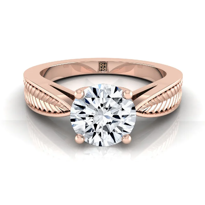 men's rings with gemstones-14K Rose Gold Round Brilliant Vintage Inspired Leaf Pattern Pinched Solitaire Engagement Ring